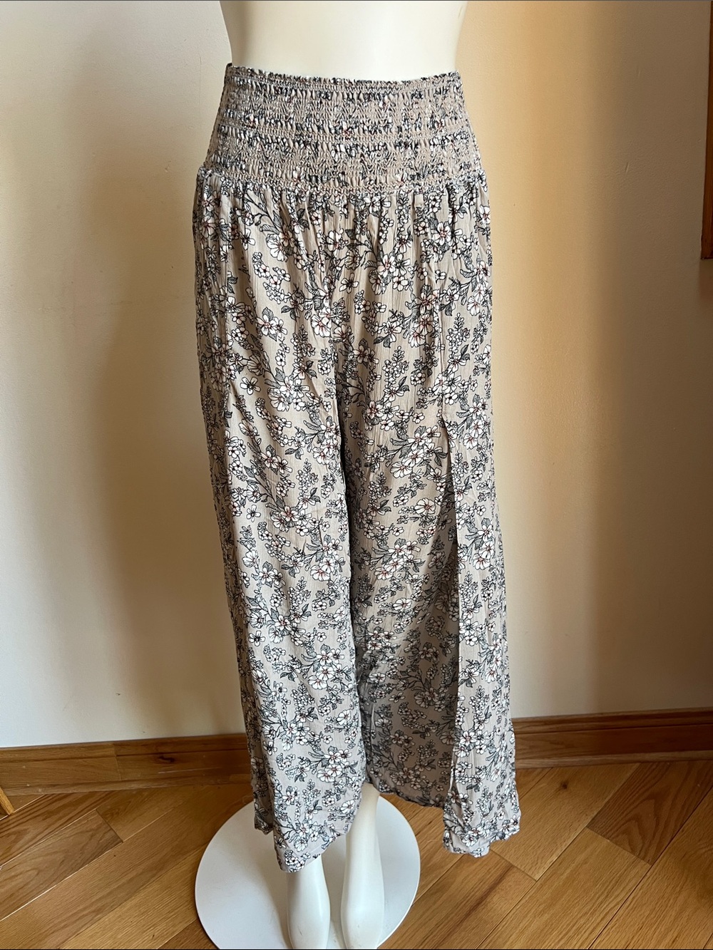 Harem style genie pants Wide Leg Floral Smocked Waist Pants with side slit